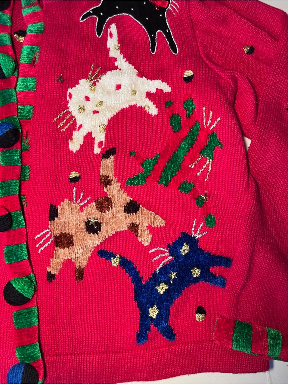 VTG 90s Berek Red Leaping Cats Beaded Cardigan Sweater Size Medium Grannycore - Picture 3 of 9